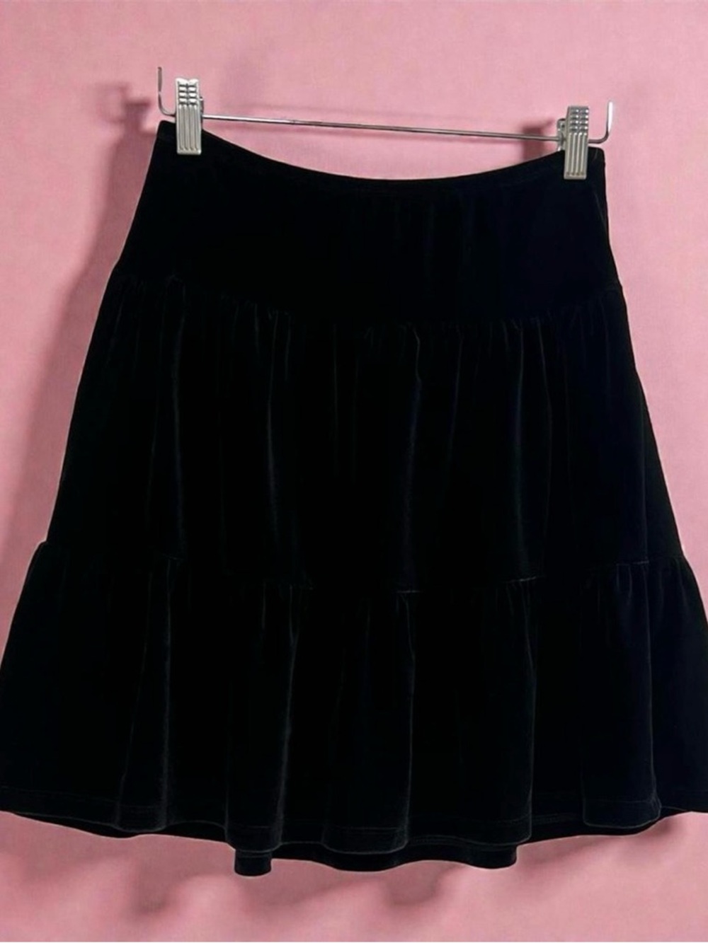 Classic Black 3 tiered Velvet Midi Skirt